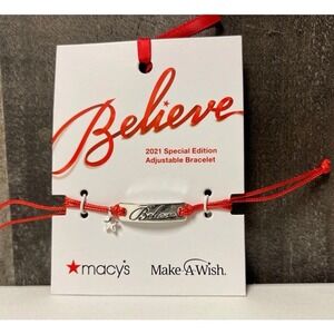 Macys 2021 Make A Wish Bar Bracelet Believe Silver-tone‎ Red Slide Cord NEW